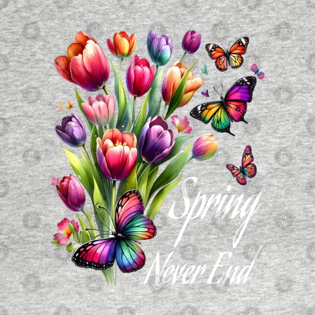 Tulips blossoms with Fluttering Butterflies Spring Never End colorful Eternal Springtime season Floral Display by First Phenixs